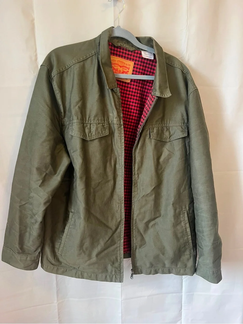 Levi's Olive Green Men's Canvas Jacket with Red Plaid Lining 2XL Men’s